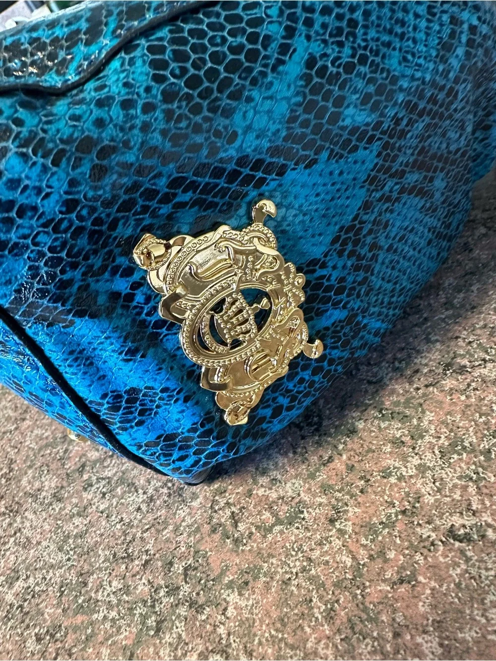 Juicy Couture Teal Snake-Print Shoulder Bag with Gold Chain Accents